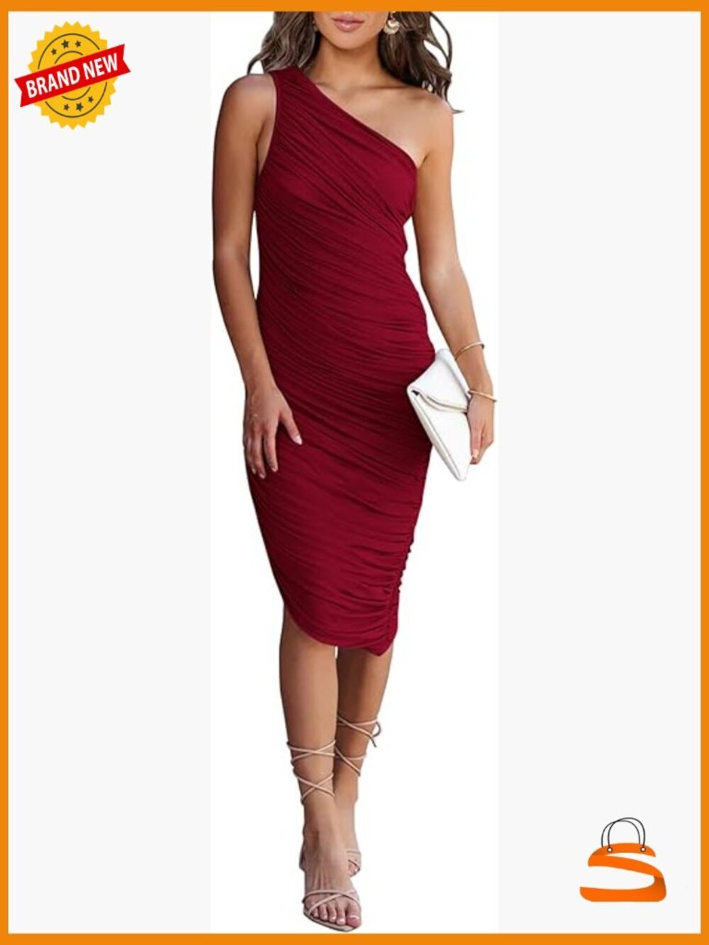 One Shoulder Ruched Bodycon Dress Midi Asymmetrical Cocktail Party Sleeveless